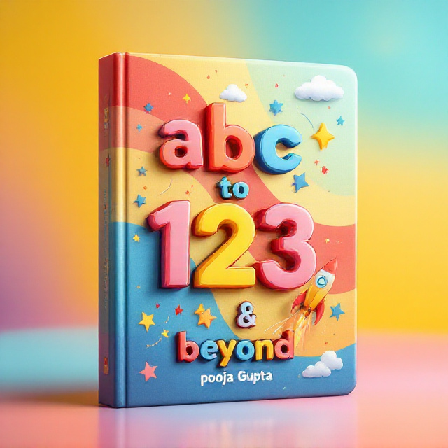 A vibrant and colorful background featuring a gradient blend of primary colors (red, blue, yellow) transitioning into playful pastel shades. The cover showcases illustrated elements like a bouncing alphabet block ("A"), a spinning top shaped like the number "1", and a rocket ascending upwards symbolizing "beyond". Whimsical stars, clouds, and dashed lines are scattered in the background to imply movement and excitement.