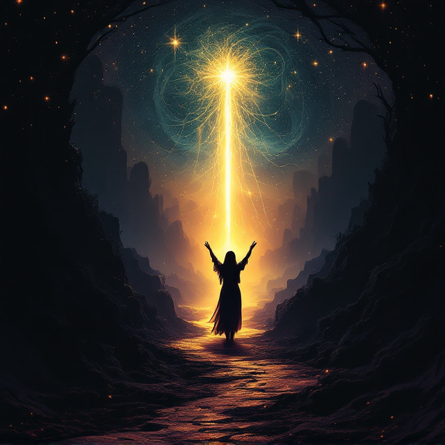 A mystical valley shrouded in swirling dark mist and glowing light flows dominates the cover. The central figure is the silhouette of a Dreamweaver, hands outstretched with threads of dark magic weaving into a starry night sky. A brilliant ray of light shoots through the dark mist, illuminating a path in the valley. Framing the scene are faint whispers, represented by translucent, ghostly faces in the shadows of the valley walls, adding an eerie, action-filled intensity.