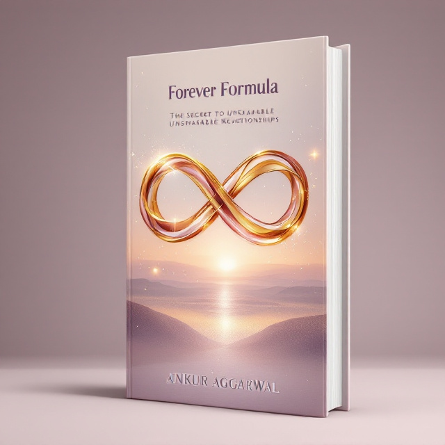The cover depicts an abstract infinity symbol crafted from intertwining gold and rose gold ribbons, symbolizing eternity, connection, and luxury. The background fades from a serene dusty lavender to soft ivory, evoking feelings of calm trust and intimacy. An elegant gradient beneath the infinity symbol subtly suggests a horizon line, representing longevity and a shared journey. Delicate glowing dots orbit around the symbol, emphasizing emotional connection and mystique.