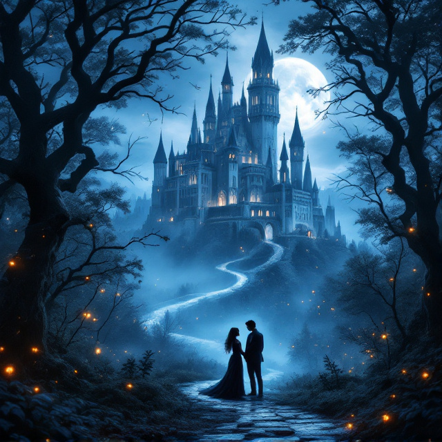 A grand, gothic-style castle surrounded by lush, misty forest bathed in moonlight. The castle is perched on a hill in the distance, with a winding path lined by dark trees leading toward it. In the foreground, silhouettes of two figures—a male and female—are slightly turned toward each other, their hands nearly touching, suggesting both longing and romance. Faint glowing fireflies dot the air, adding a touch of magic, while deep hues of blue and silver dominate the color palette, enhanced by soft highlights of crimson in subtle touches (like a flowing scarf or the glint of fangs).
