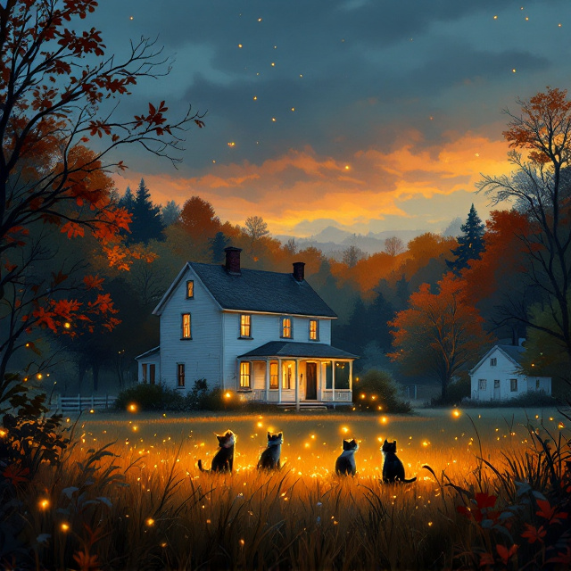 A meticulously illustrated scene of an old white farmhouse in rural New England, painted with a weathered, melancholic charm. It sits snugly amid a golden-orange and crimson fall foliage setting. Surrounding the farmhouse are woods, fading into silhouette as the hues of dusk dominate the sky. In the foreground, a field stretches across the bottom of the cover, where two or three cats are playfully interacting with glowing fireflies, their illumination adding a touch of magic. The lighting of dusk bathes the entire scene in a soft, nostalgic glow.