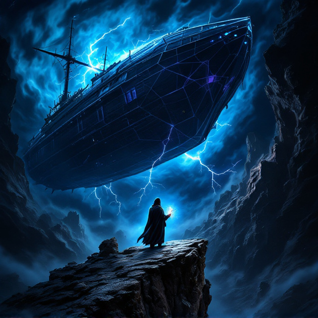 A large airship painted black and blue dominates the image, floating ominously in a swirling, stormy night sky. Lightning cracks behind the airship, illuminating its razor-sharp edges and menacing silhouette. Below, a cloaked figure stands on the edge of an ancient, crumbling cliff, staring up at the looming sky pirate airship. The figure's face is obscured, adding mystery and fear. The cliff fades into mist, blending seamlessly into a shadowy foreground. A faint glow emanates from an artifact the cloaked figure holds, hinting at magic and danger.