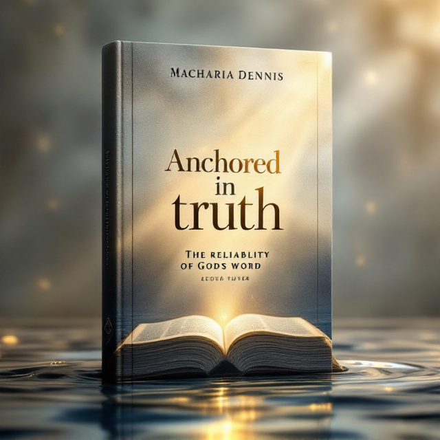 A serene image of an open Bible illuminated by a soft beam of golden light forms the centerpiece, set against a slightly blurred textured background that resembles aged parchment. In the foreground, faint ripples symbolize water, evoking a sense of being anchored. The Bible is placed prominently, signifying truth and reliability, with subtle rays radiating from it to evoke divine inspiration.