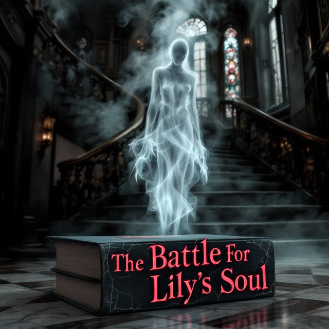 The cover features a lavishly detailed shot of an expansive mansion interior with high ceilings, a grand staircase that spirals upward into darkness, and a hall shrouded in ominous, swirling smoke. A translucent, eerie ghost figure, slightly contorted but elegant, hovers subtly near the center. Toward the right, a grown businesswoman stares into the distance, her face an enigmatic mixture of pride and quiet fear. To the left, a sinister clown with exaggerated makeup and dilapidated clothing peers through the smoke with a menacing grin. The overall tones are muted, with shades of black, gray, and deep crimson dominating the palette to amplify the horror theme.