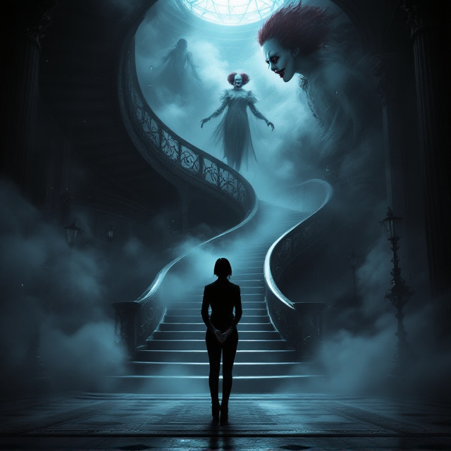 A dark, shadowy interior of a vast, luxurious mansion dominates the cover. The background consists of a cascading grand staircase cloaked in swirling, eerie smoke. A sinister, life-like clown lurks halfway up the staircase, partially obscured by fog, with an unnerving grin. A ghostly apparition of a woman floats near the ceiling, her face twisted in a chilling blend of jealousy and pride. In the foreground, a grown businesswoman is depicted in a statuesque stance, hands clenched into fists, her form illuminated by a cold, white spotlight. The edges of the illustration blur into darkness to heighten the sense of isolation.