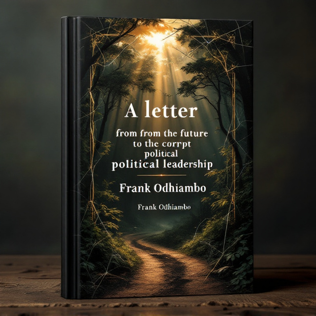 A dense, dark forest occupies most of the cover, with a dirt path trailing through it. Rays of golden sunshine pierce through thick clouds, cutting through the trees and illuminating parts of the path, symbolizing hope. A cracked facade framed like broken glass overlays the upper section of the design, with streaks of light escaping through the cracks. In the background, faint outlines of silhouettes representing hopeful faces emerge from the shafts of light. The setting conveys a distinctly Black African Kenyan landscape, with foliage and earthy tones blending naturally. The overall aesthetic leans towards surrealism and dreamlike imagery.