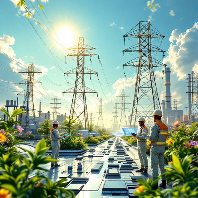 A futuristic power plant with gleaming towers and sophisticated electrical engineering equipment spread across the foreground, sharply set against a bright and clear sky. Greenery is subtly embedded throughout the scene, with engineers in high-tech uniforms interacting with holographic displays and controls.