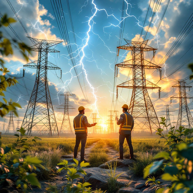 The cover showcases a highly advanced power plant surrounded by enormous power transmission towers. Striking lightning bolts and large sparks of electrical connections create a dynamic, energetic scene. In the foreground, a group of electrical engineers, all dressed in attire suitable for a high-tech environment, are seen discussing and managing the systems with a charismatic leader at the forefront. The backdrop is a bright and clear sky, filled with hints of green foliage, simulating a perfumed spring environment.