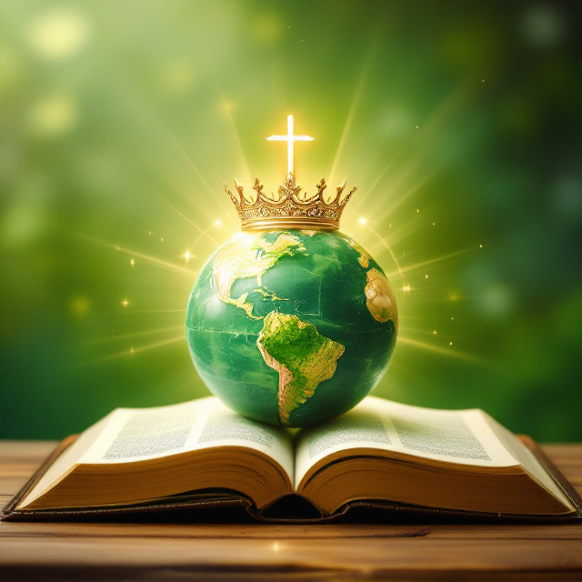 The cover features an open Bible at the bottom center with a lush green world globe positioned on top. Encircling the globe is a regal golden crown that softly glows, and perched atop the globe is an elegant, intricate cross. The background is a gentle, radiant green gradient, creating a sense of harmony and divinity. Light rays emanating from behind the globe enhance the feeling of awe and wonder.