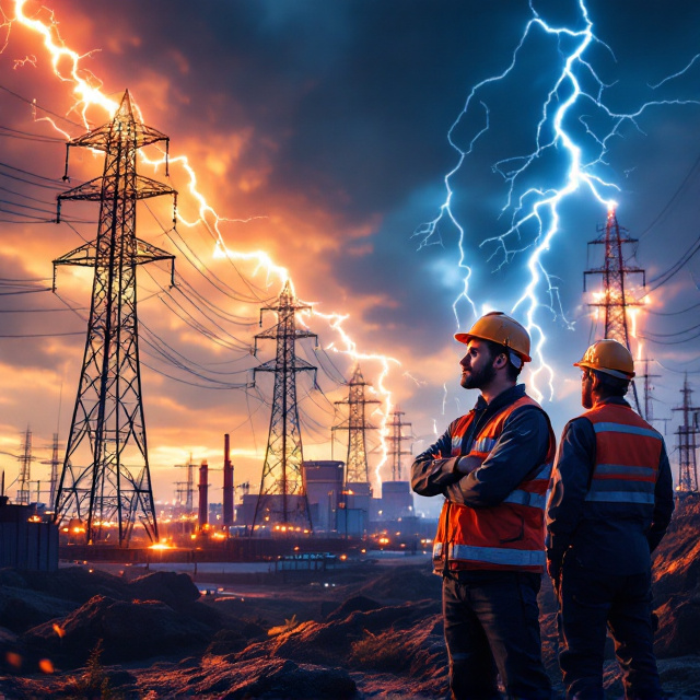 A dynamic scene of an advanced combined cycle thermal power plant fills the background, with towering power transmission towers stretching into the sky. Lightning and vivid electrical sparks dance around them, creating a sense of energy and innovation. In the foreground, a small group of engineers, equipped with helmets and tools, are engaged in discussion and repair work. Leading them is the charismatic leader, depicted with a focused and contemplative expression, symbolically controlling the systems around him.