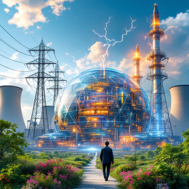 A futuristic and sprawling landscape of a high-tech combined cycle thermal power plant is depicted, intricately detailed with towering power engineering and transmission equipment. This advanced power plant is nestled inside a massive transparent dome, symbolizing a vast core. In the foreground, a charismatic leader, portrayed as an electrical engineer, is thoughtfully strolling through the plant, exuding control and expertise. The background features a clear, blue sky with vibrant greenery peeking through, enhancing a serene and powerful environment.