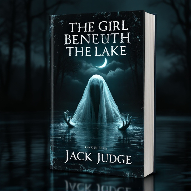 The cover features a haunting night-time scene the surface of a dark, ominous lake is in the foreground, reflecting a crescent moon partially veiled by rolling clouds. Emerging from the depths is a ghostly, humanoid figure partly obscured by a tattered veil, with pale hands reaching toward the viewer. The surrounding trees are silhouetted, adding to the eerie atmosphere.
