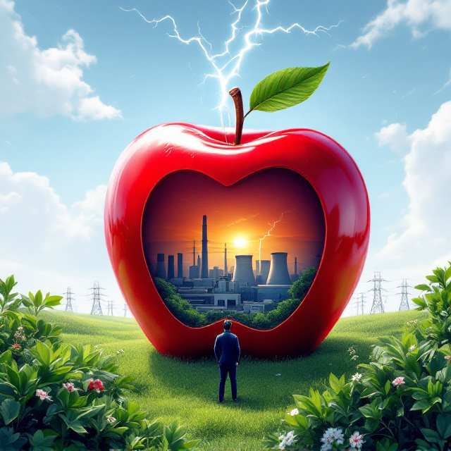 A digital illustration featuring a large, glossy red apple as the central element. Within the apple, a highly detailed rendering of an advanced combined cycle thermal power plant is visible through a cutaway section. The background depicts clear, sunny skies with scattered fluffy clouds, and the distant outline of power transmission towers. Lightning subtly emanates from the top of the apple, suggesting energy and electricity. Below, lush greenery surrounds the apple, with an atmospheric, spring-scented aura. At the forefront, a charismatic leader stands confidently, overseeing the power plant with determination and vision.