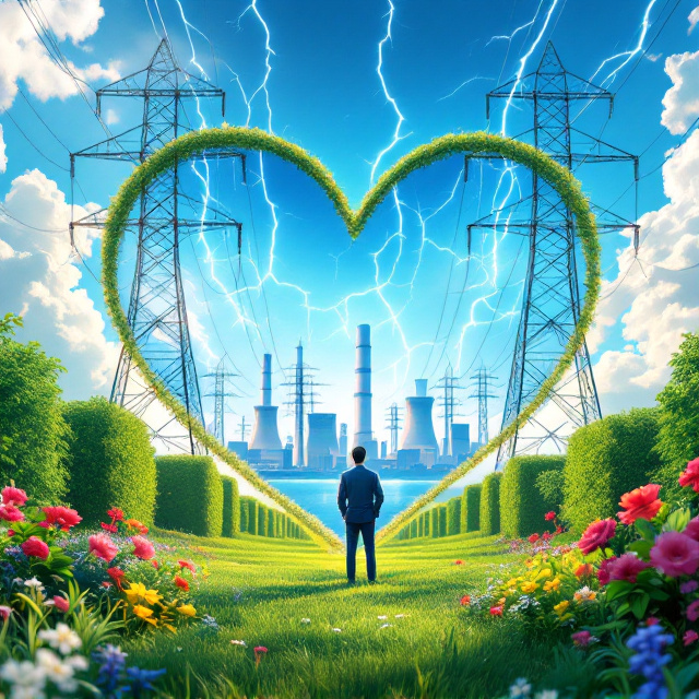 A vibrant cover featuring a vividly detailed combined cycle thermal power plant illustration nestled within a massive, stylized heart shape. Towering power transmission towers flank the heart, with streaks of lightning electrifying the sky. The charismatic leader stands prominently in the foreground, exuding confidence and dynamism. The lush greenery and clear blue sky fill the scene with an aura of freshness and innovation.