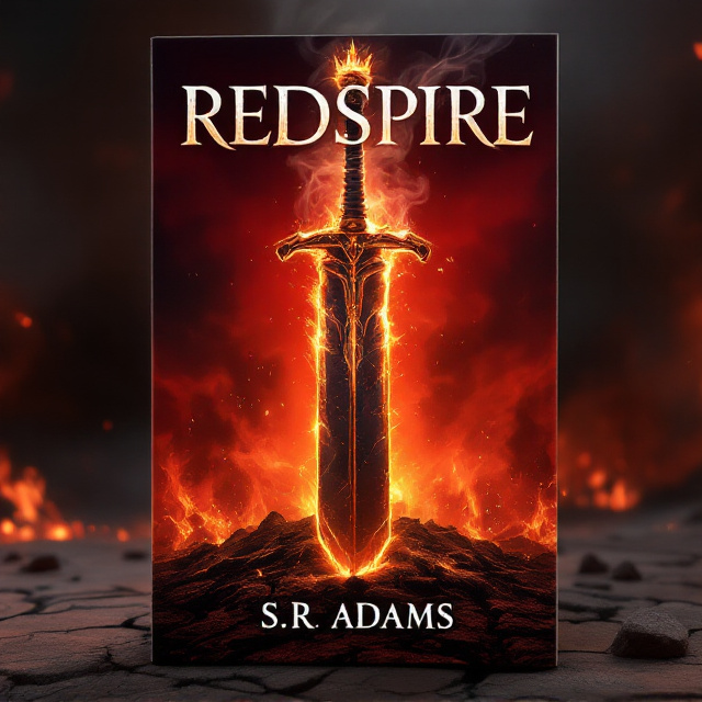 A fiery, dark-red sky dominates the background, with burning embers rising. In the center, a large, glowing sword stands vertically, partially embedded into cracked, ash-laden ground. Behind the sword, a shadowy figure barely discernible in the firelight wears a battered crown tilted askew. Smoke swirls upward, dissolving into the title above. The image conveys destruction, resistance, and hope shining faintly amidst chaos.