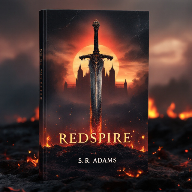 The cover features a partially scorched, ancient sword standing upright in the center of a burning field, symbolizing endurance and destruction. Behind the sword, faint and blurry outlines of a grand, castle-like academy are visible, shrouded in smoke and encircled by crackling flames. Embers rise in the foreground, creating a dramatic and dynamic scene. Above the fire-drenched field, the sky transitions from somber black to hues of fiery red and soft dawn pink, indicating a glimmer of hope amidst the chaos.