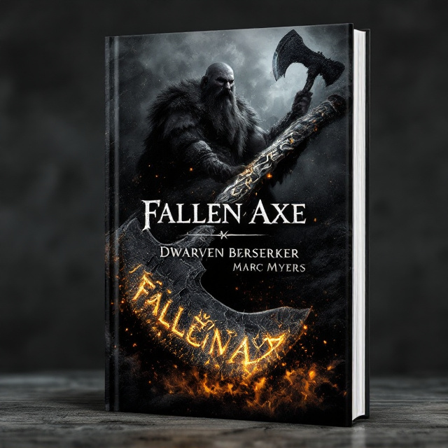 standing book mockup, Its title is "Fallen Axe: Dwarven Berserker". Its author name is Marc Myers.  A dark, textured black background dominates the cover, giving the feel of rough-hewn stone or ancient iron. In the foreground, a massive, battle-worn dwarven axe lies angled across the page. The axe's blade is etched with glowing Viking-style runes that emit a faint, mystical orange light. Behind the axe, faint silhouettes of a dwarf warrior with a braided beard and fur-lined armor loom in the shadows, holding another axe aloft. Smoke and embers swirl at the base, adding a dynamic feel to the scene. The title, "Fallen Axe Dwarven Berserker," is in a bold, sharp-edged serif font with cracked, metallic textures. The text appears in a silver color with subtle black distressing. The author’s name, "Marc Myers," is in a smaller, clean sans-serif font, centered at the bottom, and rendered in a faint metallic gold to balance the overall visual weight., The title dominates the upper third of the cover, while the axe runs diagonally through the middle, drawing focus to its glowing runes. The dwarf silhouette forms a subtle background behind the axe. The author’s name is centered at the bottom in smaller text, ensuring readability without detracting from the central visual elements.