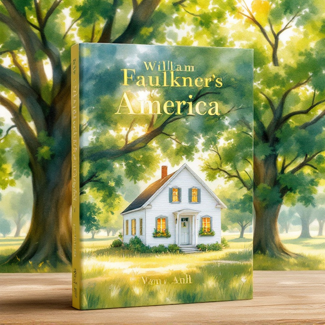 A soft watercolor-inspired painting featuring a charming white house nestled under the shade of sprawling, vibrant green oak trees. Sunlight filters warmly through the trees, casting golden light over the white house and grassy surroundings. Hints of soft pastel skies are visible in the background, creating a peaceful ambiance.