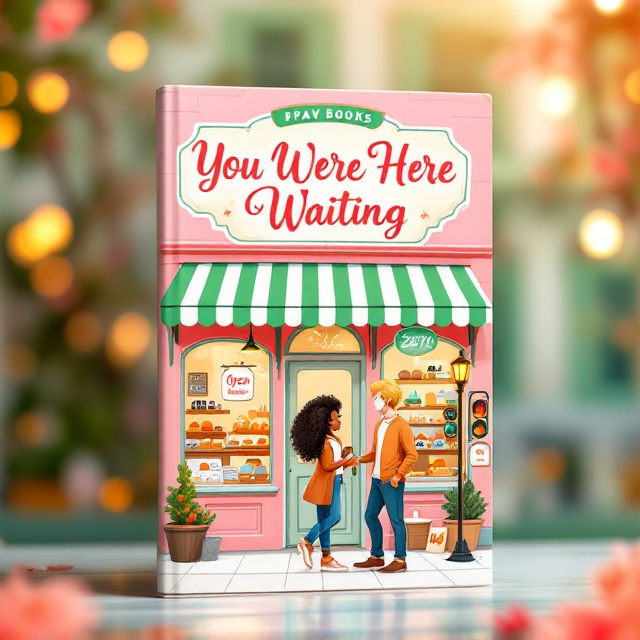 The cover features a vibrant illustration of a charming cafe with a pink facade and green trim. The awning is green with white stripes, displaying "Patisserie Original 2018 Bakery." Through the large window, a delightful array of pastries and bread is visible. A sign saying "Open" hangs prominently, with a welcome mat in front. A small tree and lamppost adorn the scene, alongside a traffic light and a street sign "24/7." In front, a black girl with curly hair stands beside a white guy with blonde hair, both gazing warmly at each other, igniting curiosity. The background is warmly lit, giving a radiant and inviting atmosphere.