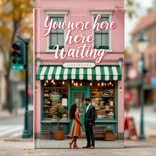 The cover features a quaint, romantic scene of the cafe, a two-story building with a pink facade and green trim, and a green awning with white stripes stating "Patisserie Original 2018 Bakery." In front of the cafe, a black girl with wavy long hair stands lovingly gazing at a taller white guy, enhancing the romantic element. The background displays a traffic light, street sign saying "24/7," and a small tree with a lamppost, creating a charming, bustling street view.