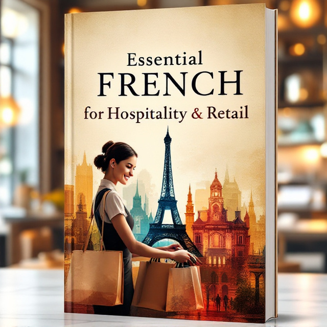 A hotel reception area serves as the core scene, with a warm golden glow from overhead lighting. In the foreground, a friendly yet professional staff member in uniform smiles as they assist a customer holding a shopping bag, symbolizing retail. Behind them, a subtle silhouette of the Eiffel Tower and Parisian architectural features blend into the background like a watercolor effect, adding a classic French cultural touch. A soft texture resembling vintage parchment overlays the background for depth.