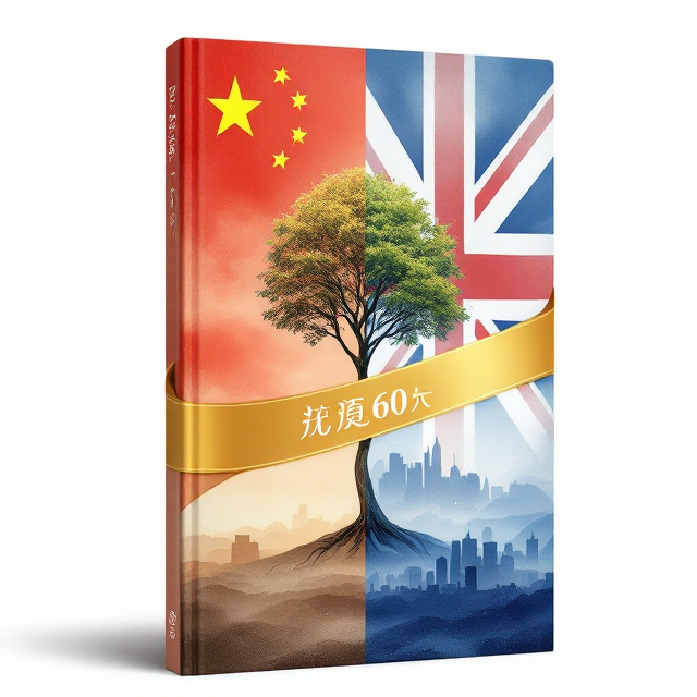 The cover features a split composition with a golden ribbon motif symbolically connecting the Chinese and British flags. The top half showcases the Chinese flag against a watercolor-style background of soft red and gold hues, representing heritage and tradition. The bottom half carries the British flag layered over a blue and white gradient, blending into the background like a skyline depicting Birmingham. At the center of the ribbon, a sprouting tree emerges, its lush branches shaped as Chinese characters, symbolizing rootedness and cultural transmission. The title is elegantly placed in the arc of the ribbon across the center, symbolizing unity and continuity.