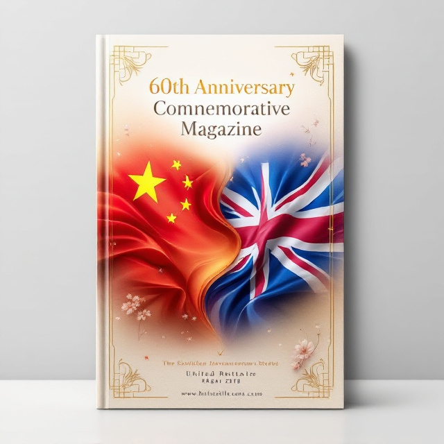The cover design features a gracefully merged image of the national flags of China and the United Kingdom in the center, symbolizing cultural harmony and friendship. A soft, glowing gradient transitions between the deep red of the Chinese flag and the royal blue of the UK flag, encapsulating mutual respect. Surrounding the flags are subtle motifs of interconnected blossoms and patterns from both cultures. The title, "60th Anniversary Commemorative Magazine," is prominently placed at the top, with gentle golden embellishments, accompanied by a thin, elegant underlining. The background is textured with a light parchment effect, exuding a sense of history and timelessness.