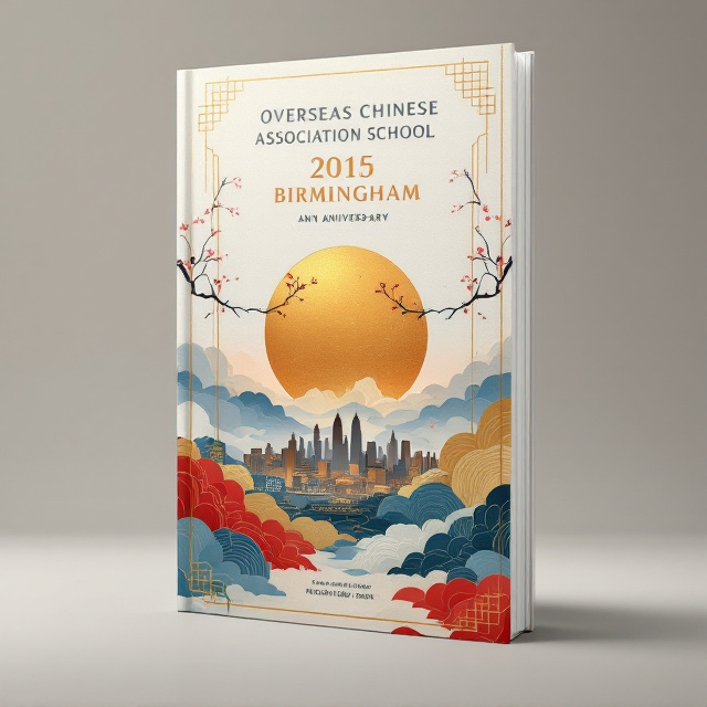 The cover features a central illustration of a traditional Chinese cultural element, such as a delicate ink brushstroke that transitions into the Birmingham skyline. Surrounding the skyline is a golden circle symbolizing unity, cultural exchange, and legacy. The background incorporates subtle motifs of clouds and blossoms, blending traditional Chinese patterns with modern design. The title is placed at the top in bold with an elegant flair, and at the bottom, a tagline highlights the anniversary and cultural connection. The predominant color palette includes warm gold, deep red, and calming blue to blend themes of celebration, heritage, and cross-cultural harmony.