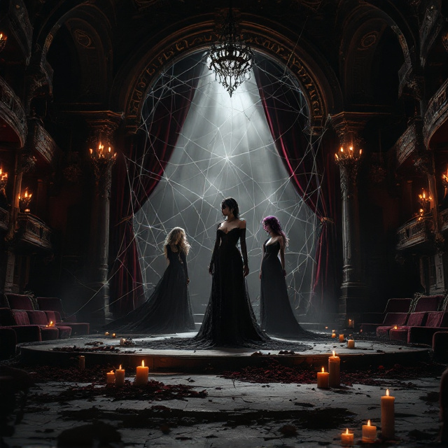 A dimly lit abandoned gothic theater forms the haunting background. Shadows stretch across dilapidated velvet seats and broken chandeliers. Kyrie stands center stage under a ghostly spotlight, wearing gothic black lace attire with a poised yet vulnerable stance. Nero stands to her left, softly illuminated, holding a black rose, his tattoos barely visible under flickering shadows. Luna leans casually on the edge of a decayed balcony, her wild curly blonde hair catching faint light. To Kyrie's right, Marrion looms with a commanding demeanor, her purple hair glowing subtly while webs encircle her. Rachel stands elegantly, slightly back, her expression cold and calculating. Intricate, glowing faint spiderweb-style threads connect the characters diagonally across the book cover, drifting as if alive. Candles lie scattered on the stage, their warm glow stark against the shadows.