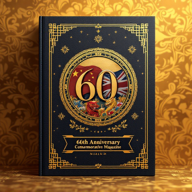 A golden backdrop with an intricate floral pattern inspired by traditional Chinese motifs subtly covering the background. Overlaid in the center of the cover, a gold-framed circle contains an artistic rendering of the intertwined national flags of China and the United Kingdom, symbolizing unity and collaboration. Below the flags, iconic symbols like a dragon and a lion (representing Chinese and British cultures) are watermarked in translucent accents. A ribbon-like banner running near the bottom reads “60th Anniversary Commemorative Magazine” in elegant typography, outlined by two thin, red and blue stripes mirroring the flag colors.