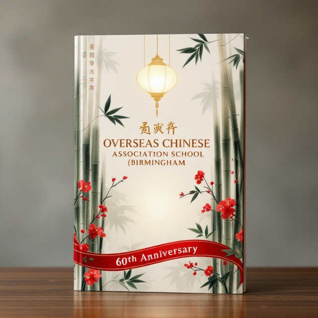 A traditional Chinese ink wash painting of a bamboo forest acts as the background, symbolizing resilience and cultural heritage. At the center, a semi-transparent, golden lantern hovers, light glowing softly from within, signifying celebration and continuity. Surrounding the lantern are delicate crimson plum blossoms, a tribute to beauty and perseverance. The title, "Overseas Chinese Association School (Birmingham)," is arched across the top in bold yet refined calligraphy-inspired typography. At the bottom, a red ribbon marked with the phrase "60th Anniversary" sweeps across, adding vibrancy and anchoring the design.