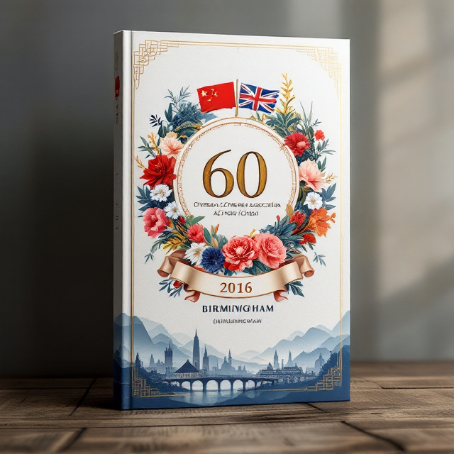 The cover features an elegant composition of the national flags of China and the United Kingdom intertwined at the top, symbolizing the bond between the two nations. Below the flags, a semicircle of traditional Chinese brush painting elements, such as bamboo and peonies, blend with iconic UK imagery, like Birmingham’s historic skyline, creating a mutual cultural narrative. At the center, a bold number "60" is embossed in gold, radiating a celebratory feel. Beneath this, the title “Overseas Chinese Association School (Birmingham)” is framed with a scroll design that resembles traditional Chinese calligraphy scrolls. In the background, soft gradients of red and blue fade into a neutral white, highlighting the balance of both cultures. A subtle texture resembling pages from old school publications runs across the entire cover, giving it a historical depth.
