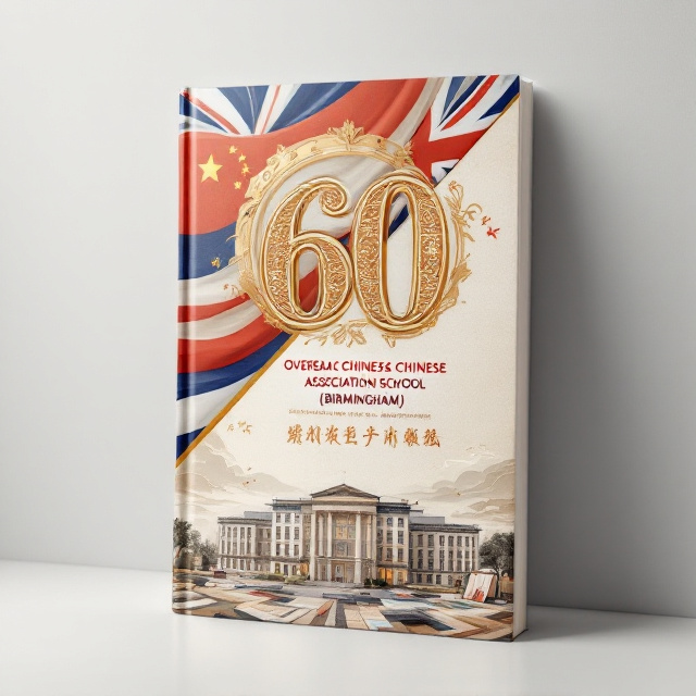 The cover features a split diagonally, symbolizing the bond between China and the UK. The upper-left triangle contains the Chinese national flag, while the lower-right triangle displays the UK national flag. In the center of the diagonal line, a golden "60" is embossed with intricate Chinese characters and cultural motifs. Beneath the "60," an illustration of the school building is placed, surrounded by soft, swirling brushstrokes resembling traditional Chinese painting art. At the bottom, a collage of the school’s publications is arranged in a semi-circular layout to showcase its legacy. The background is textured with faint strokes resembling parchment, giving a historical and commemorative feel.