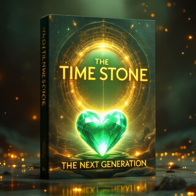 A dynamic cover showing a golden, glowing time portal at the center with a heart-shaped emerald (The Time Stone) radiating a soft, surreal green light sitting prominently in the foreground. In the background, a vivid tapestry of time periods is faintly visible—dinosaurs representing the prehistoric era, medieval knights, futuristic cities with flying vehicles, and outer space scenes. Above all, a looming shadowy figure represents the ancient evil threat. The overall tones are cosmic golds and greens with pulsating light effects that give the cover momentum and energy.