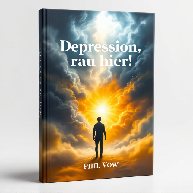 A transformative scene beginning with a figure standing on the left of the cover engulfed in dark swirling clouds representing depression. As the eye moves to the right, the figure transitions into a brighter, glowing version of themselves, radiating happiness. The background transitions softly – from shadows and muted tones (gray, navy) on the left to warm, radiant hues (gold, orange, light blue) on the right. Sunlight streams in through a break in the clouds at the top right, symbolizing renewal. The figure is central but slightly offset to represent movement and progression.