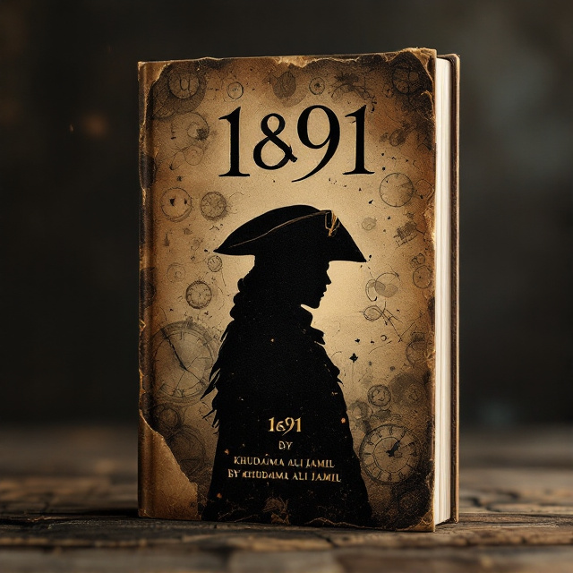 Dark vintage brown, textured background mimicking aged parchment paper with fading edges and distressed cracks. The front features a shadowy black silhouette of a captain with a vintage tricorn hat, positioned in the bottom half of the cover, slightly off-center to the left. The infinity sign (∞) is creatively incorporated into part of the title, “1∞91,” centered above the silhouette. The background is scattered with faint images of vintage clocks, some with Roman numerals, and swirling, barely-visible time-travel-like wispy lines around the captain’s silhouette. The cover creates a sense of mystery and temporal movement. The spine includes the title “1∞91” in bold, stylized font, with “by Khudaima Ali Jamil” written vertically. The back cover mirrors the vintage texture of the front but replaces the captain's silhouette with a shadowy silhouette of a woman in a hijab. Soft glimmers of light and faint vintage clock motifs carry throughout, ensuring continuity on all sides.