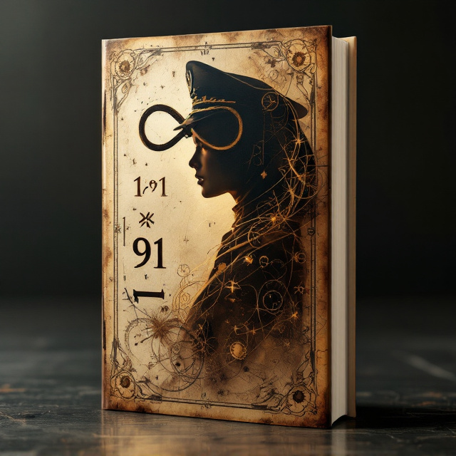 The cover has a background of textured vintage brown paper with faint, aged edges. A large infinity symbol (∞) with a subtle metallic gold sheen occupies the middle of the front cover, partially merging with the title “1∞91,” giving it a mystical and timeless aura. Hovering in the foreground is the shadowy silhouette of a captain, wearing a distinct vintage-era captain’s hat. The silhouette has a slightly faded effect, blending into the background as though caught in a liminal space. Vintage clock elements, with their intricate gears and Roman numerals, subtly weave into the background, creating an ethereal sense of time. The back cover mirrors the front in design but replaces the captain with the silhouette of a woman in a hijab, her posture radiating quiet melancholy. Subtle swirling patterns reminiscent of antique handwriting or maps add a touch of historical intrigue across the entire cover.