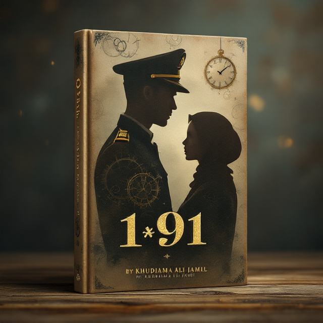 The front cover features a shadowy silhouette of a captain wearing a military hat, positioned centrally against a textured background of aged, vintage brown paper. Overlaid on this background are elements like faded vintage clocks and soft gradients of light and shadow that evoke the feeling of time travel. An infinity sign (∞) weaves subtly into the design, appearing to stem from one of the clock faces. On the back cover, the silhouette of a woman in a hijab replaces the captain’s shadow—placed in the same spot as on the front cover for symmetry and continuity. The front and back designs evoke a sense of mystery and melancholy by creating a timeless connection between the characters. The spine is kept minimal with decorative motifs of vintage clock gears framing the title "1∞91 by Khudaima Ali Jamil.".