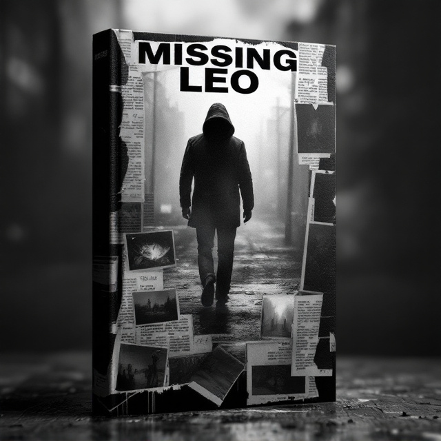 The cover utilizes a high-contrast black-and-white palette. A stark, grainy texture inspired by 1980s film noir posters is applied across the surface to evoke a vintage and mysterious feel. In the center, a shadowy silhouette of a man — presumably Leo — is half-blurred, walking down a desolate, foggy street. Surrounding the figure are fragmented "newspaper clippings" with jagged edges and partially readable text, hinting at crime and a missing person’s case. The background is slightly offset to give a distressed and layered look, emulating old 1980s investigative tabloids. The title, “Missing Leo,” is splashed prominently in bold, iconic lettering, slightly askew, mimicking the ransom-letter effect with an edgy modern twist.