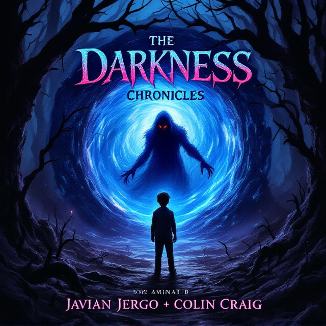 A desolate forest at night forms the background, with twisted, withered trees creating a foreboding atmosphere. A glowing, swirling portal in deep hues of blue and violet dominates the center, casting an eerie light. In front of the portal, a young boy stands partially in silhouette, his face illuminated slightly by the portal’s glow. Emerging from the portal is a shadowy, black figure with sinewy, smoky tendrils emanating from its form, its glowing red eyes piercing through the dark. Subtle details such as claw marks on tree trunks and faint ghost-like shapes in the mist add depth and tension to the scene.