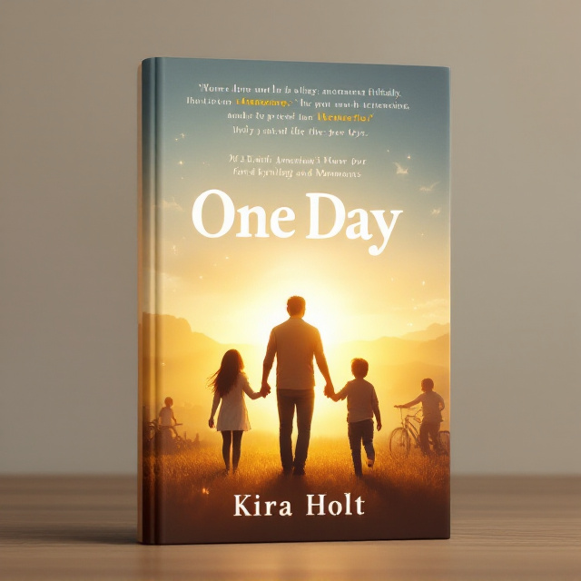 The cover features a silhouette of a father holding hands with two young children walking towards a horizon bathed in warm, golden sunlight. Surrounding the trio are faint, almost ghostly images of memories and family moments, such as a picnic, a father teaching his kids how to ride bicycles, and a birthday celebration. The horizon is divided, with a gradient that transitions into a soft, darkened evening sky at the top, subtly representing both hope and farewell. The title "One Day" glows subtly in white, placed near the horizon line, evoking both the passage of time and the promise of moments fulfilled.