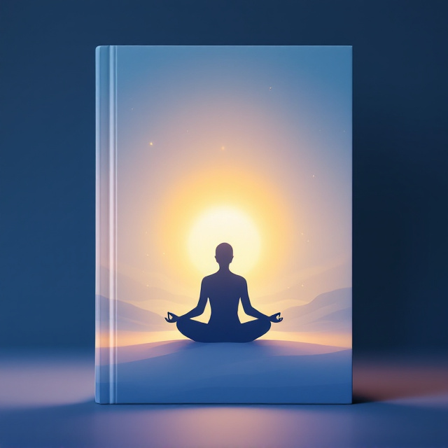 A serene gradient background that transitions from deep indigo at the top to soft, glowing pastel hues like lavender and pale blue towards the bottom, evoking calm and clarity. A single silhouette of a meditating figure, sitting in lotus pose, centered in the lower third of the page with a golden sunrise orb emanating a soft halo behind it. Delicate, swirling lines resembling soft wind or energy flow around the figure, adding a sense of motion and tranquility.