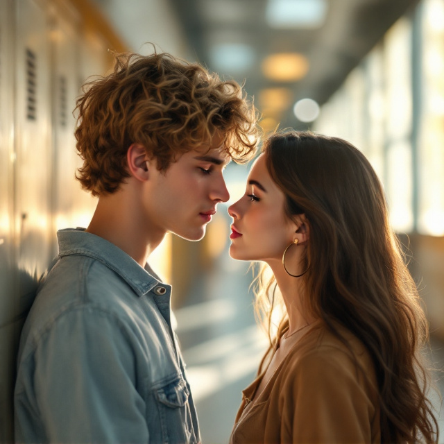 A softly lit high school hallway with bright lockers and scattered sunlight filtering through large windows in the background. A 19-year-old boy with medium-length blond curly hair, ice-blue eyes, and a semi-round face stands on the left, gazing gently at a girl on his right, who has long brunette hair, grey-green eyes, and medium-sized golden hoop earrings. The two characters are slightly turned toward each other but maintain a sense of personal space, creating a quiet emotional connection. The focus is on their expressions, evoking tenderness and peaceful love. The title is hovering above them, softly glowing in a calligraphy-style font, surrounded by subtle bokeh effects to enhance the romantic mood.