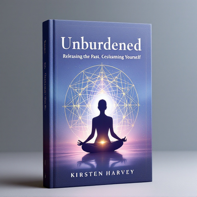A serene, soft gradient background of deep indigo fading into hues of lavender and pastel pink, invoking a spiritual mood. Centered on the cover is a silhouette of a person meditating in a lotus pose, surrounded by intricate golden sacred geometry patterns radiating outward. A transparent, glowing lotus flower is placed beneath the meditating figure, representing healing and rebirth. The author’s name is subtly positioned below the lotus with a calm, complementary tone.
