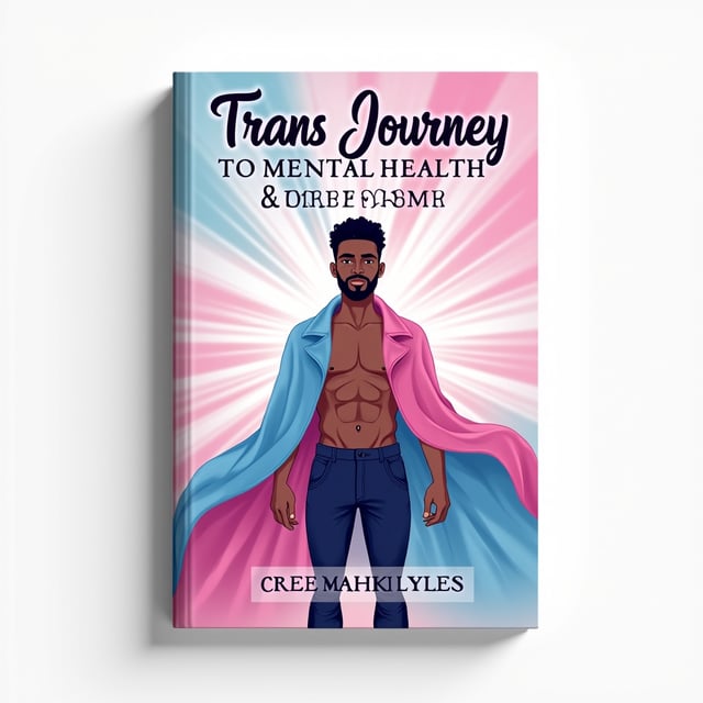 An African American transman is depicted standing confidently in the center of the cover. He is draped in a large, flowing transgender flag that wraps around his shoulders like a cape. The background is a gradient that transitions seamlessly between soft pink and light blue, symbolizing the transgender flag colors. Radiant beams of light shine outwards from behind the subject, creating a happy, empowering, and uplifting feel. Abstract, subtle floral patterns faintly overlay the background to emphasize growth and healing.