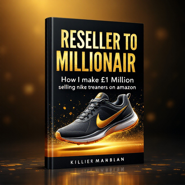 A dynamic image of a pair of Nike trainers set against a bold, golden gradient background. The shoes are slightly tilted, almost leaping out of the cover to symbolize success and upward momentum. The background gradient shifts from a deep, rich black at the bottom to a glowing gold at the top, representing growth and transformation. A subtle texture of Amazon-like box patterns is faintly integrated into the background for a nod to e-commerce. The title is placed prominently in the center, with the word "Millionaire" in shiny metallic gold and slightly larger than the rest of the text to emphasize the aspirational aspect.