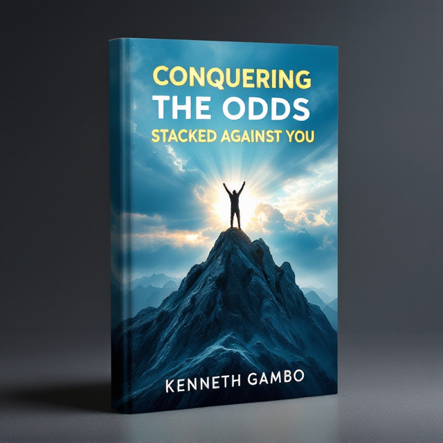 A lone figure stands triumphantly atop a shattered mountain peak, arms raised to the sky. The storm clouds below slowly recede, bursting with rays of sunlight breaking through, illuminating the figure dramatically. In the backdrop, faint silhouettes of jagged obstacles are visible beneath the clouds, representing the "odds," while a vibrant blue sky above inspires hope and victory. The lower portion of the cover fades into a deep, textured blue gradient, grounding the scene in the color preference.