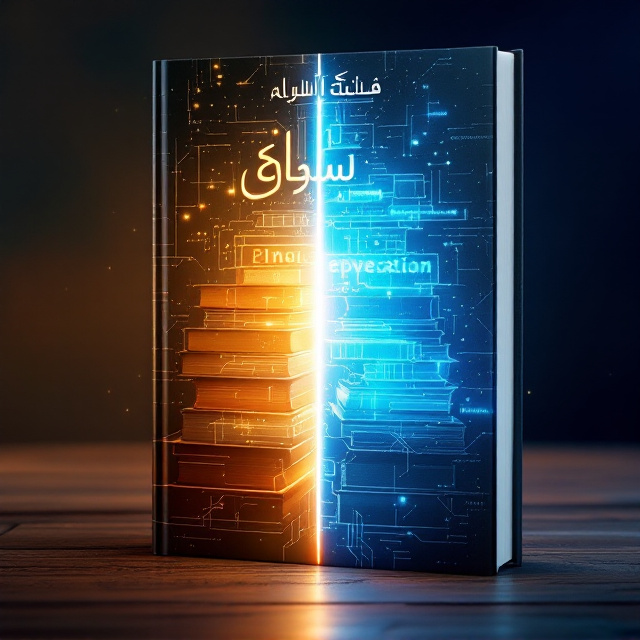 The cover features a visually striking transformation theme. On the left side, draw an image of traditional paper encyclopedias stacked neatly, with yellowish aged pages, symbolizing the past. The right side morphs into a sleek digital interface, represented by glowing AI-generated holographic encyclopedias floating mid-air, surrounded by binary code and subtle circuitry patterns connecting the images. A gradient transition blends the two sides smoothly. The primary background color transitions from sepia tones on the left to cool futuristic blues on the right. In the center of the cover, a glowing line acts as the bridge connecting the past and future, symbolizing evolution.