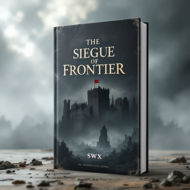 A desolate castle crumbles in the distance, shrouded in gray mist, with the silhouette of a massive siege tower looming ominously in the foreground. A tattered red flag flutters weakly atop the tower, adding a pop of restrained color against a stormy, ominous sky. Broken battlements and scattered debris are faintly visible, emphasizing destruction. The overall tone is melancholic and bleak, with light rays piercing the mist, symbolizing hope amidst despair.