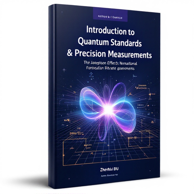The cover features a deep indigo background symbolizing the mysterious and profound nature of quantum mechanics. At the center, there's an abstract, glowing graphic representation of the cesium atom's transition frequency spectrum, with radiating waveforms in vibrant blues and purples. Below it, a simplified diagram representing the Josephson Effect Voltage Standard is engraved in a fine golden outline, while on the bottom right corner, a visual depiction of the Quantum Hall Effect with stylized electric resistance loops in white and silver can be seen. Overlaying these visuals are soft, glowing gridlines that convey a sense of precision and measurement. Subtle mathematical formulas related to measurement uncertainty and quantum mechanics are embedded faintly in the background for added depth.